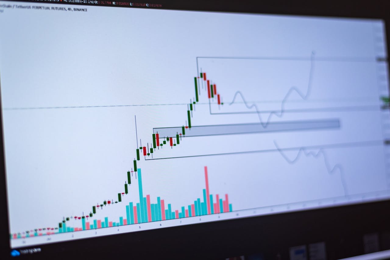 Detailed view of a cryptocurrency trading chart on a computer screen, showing market trends and price movements.